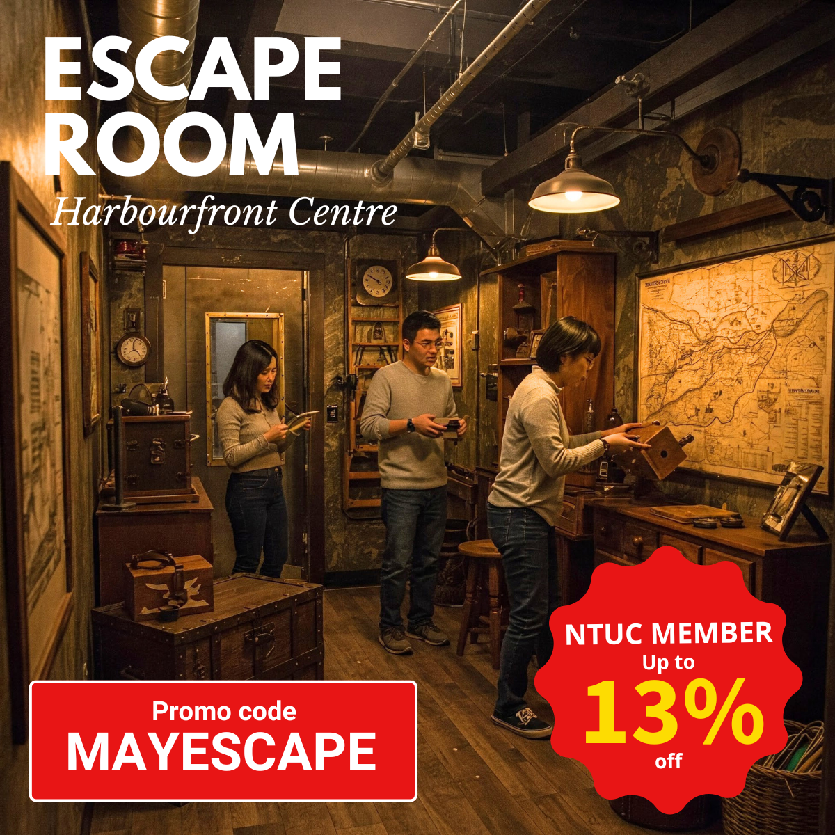 A group of people solving puzzles in an escape room at Harbourfront