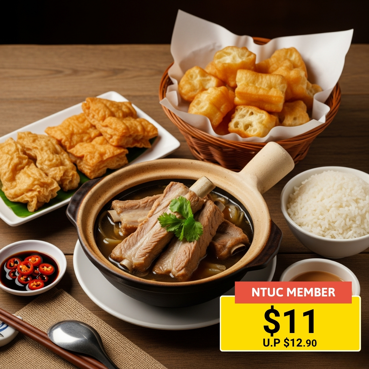 Traditional Claypot Bak Kut Teh set, a hearty herbal pork rib soup meal served in a claypot, which comes with a side and drink.