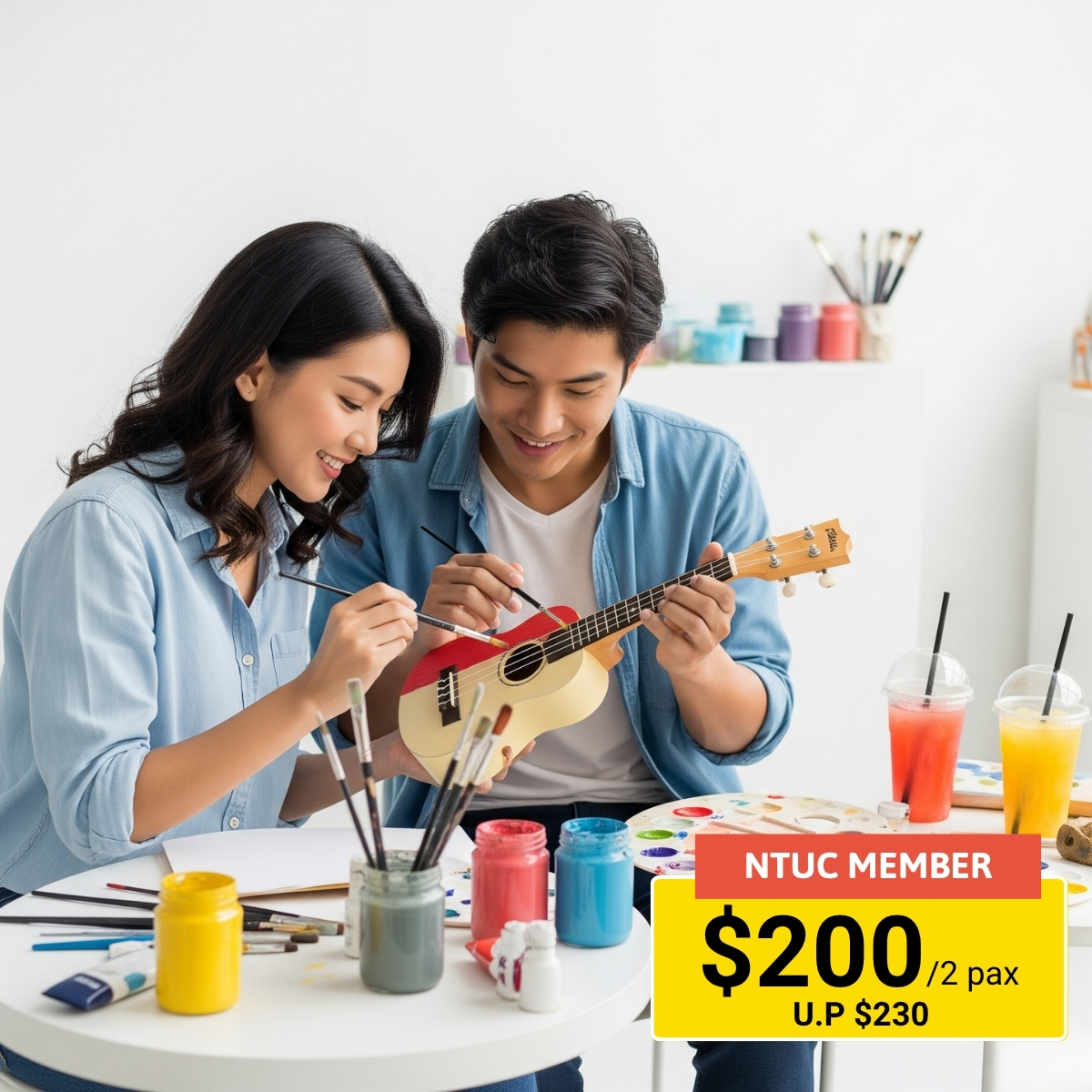 Ukulele Paint & Play session for 2, where participants decorate one ukulele together.