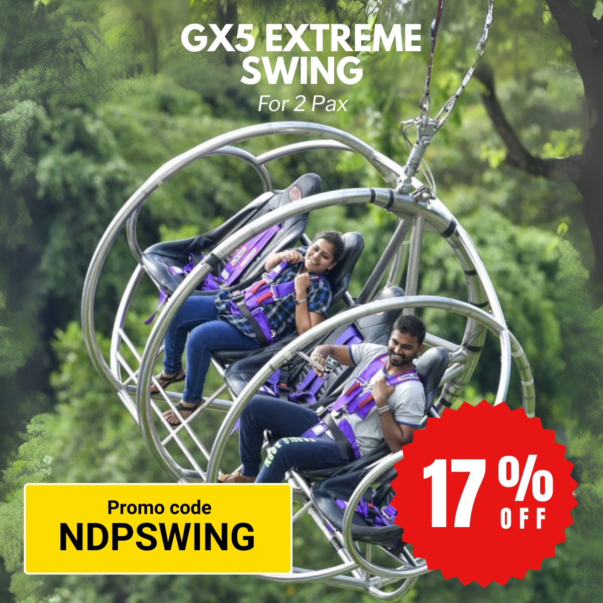 GX5 Extreme Swing ride for 2, a thrilling 40-meter freefall at 120 km/h with panoramic views of Singapore’s cityscape