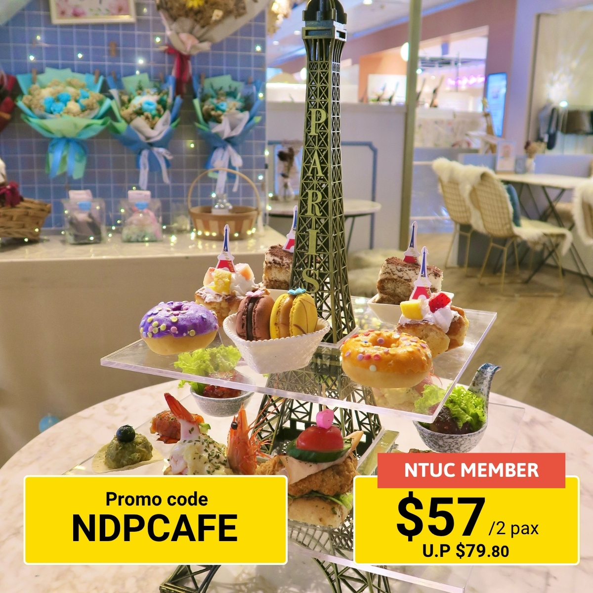 High Tea session for two at Café De Paris, featuring elegant pastries, tea, and a relaxing ambiance.