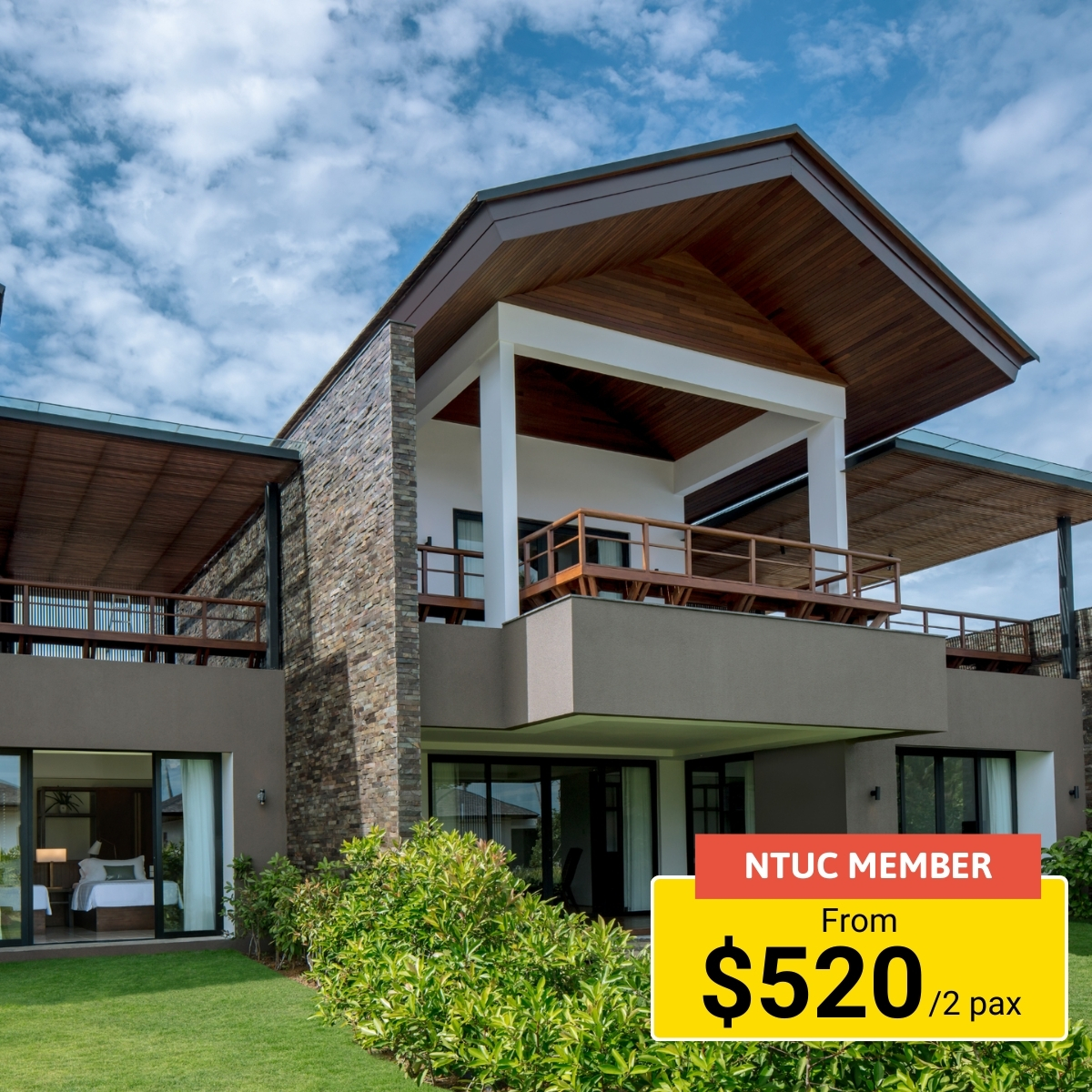 A travel deal for a 3-day, 2-night retreat at The Residence in Bintan, requiring a minimum of two people.