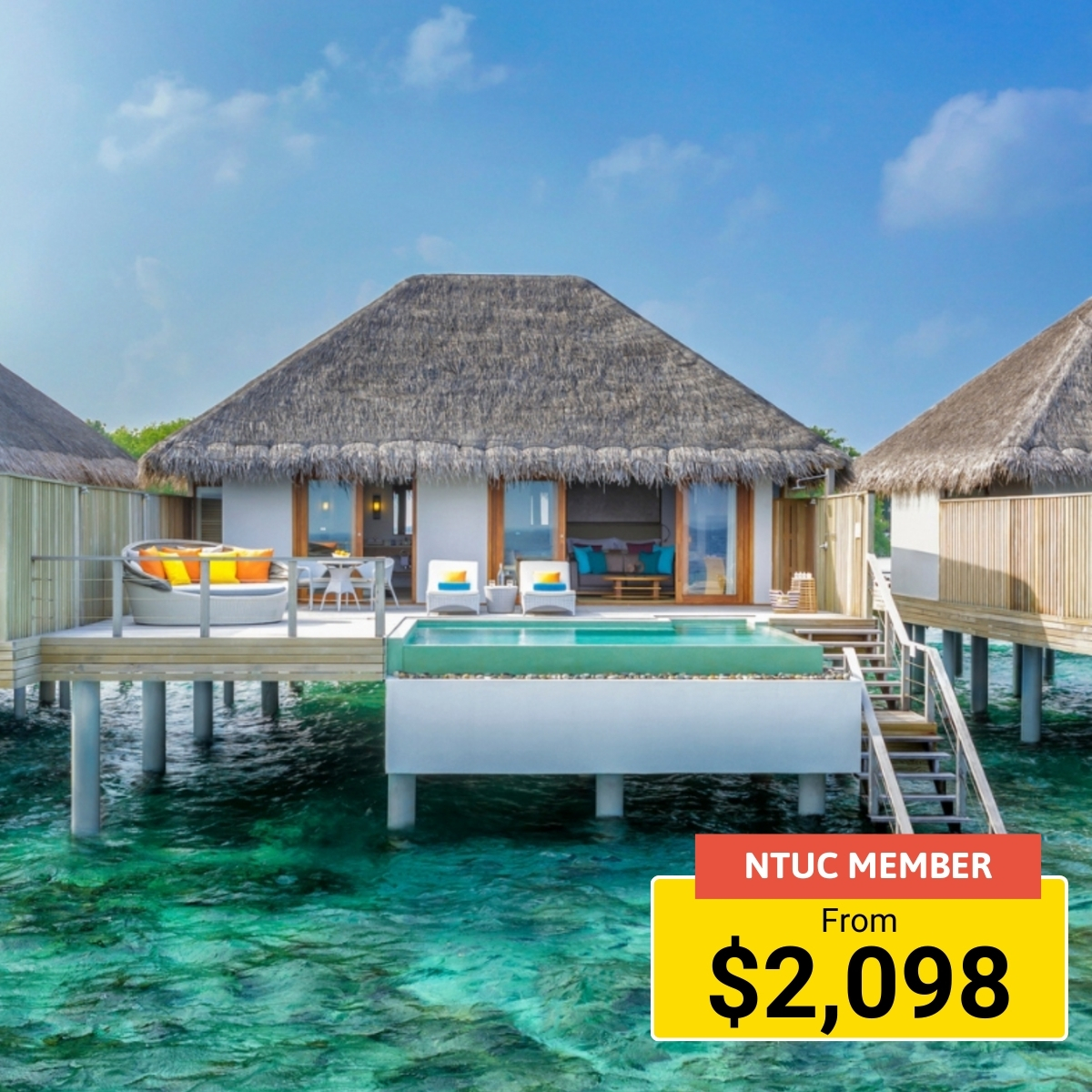 A travel deal for a 4-day, 3-night all-inclusive experience at Dusit Thani resort in the Maldives.