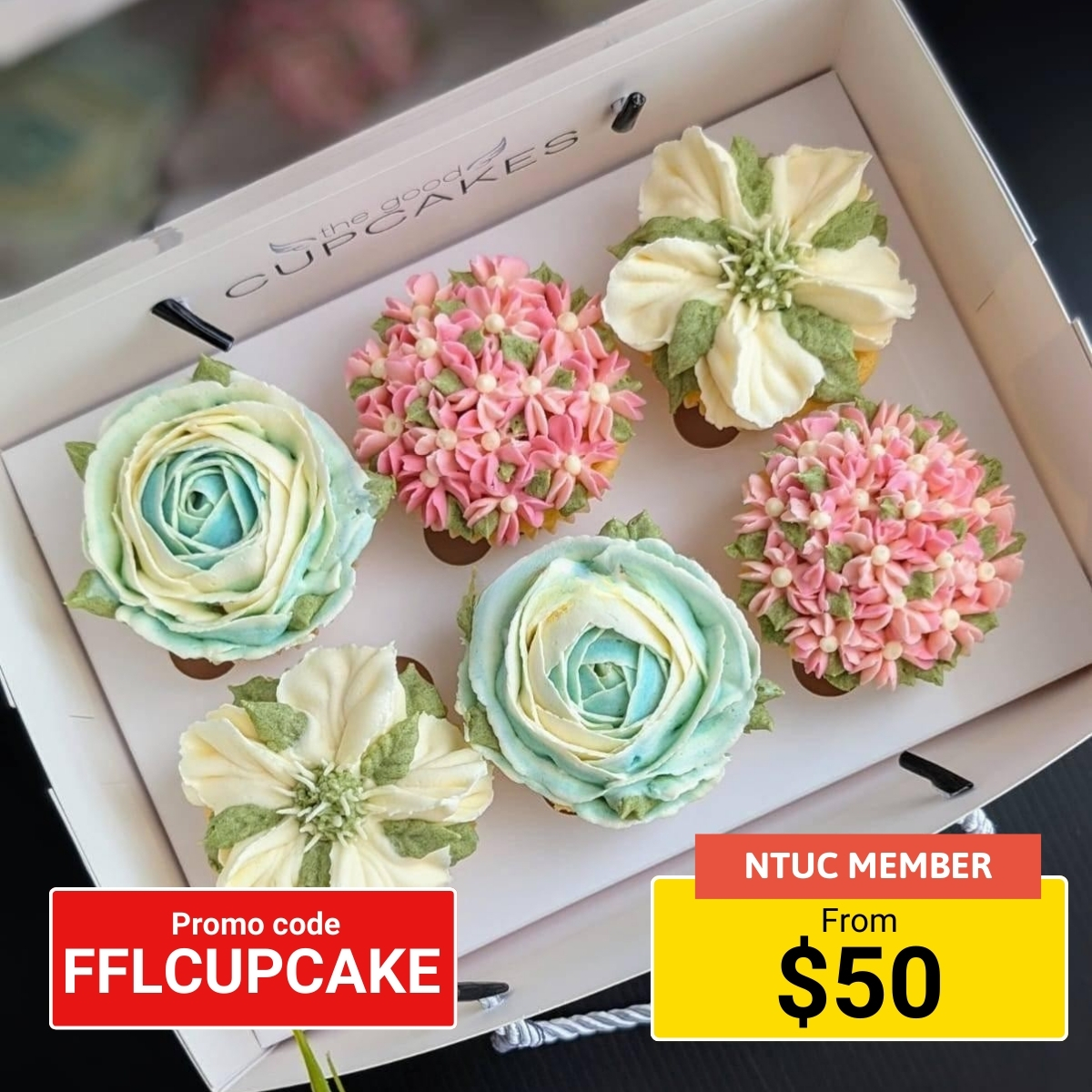 A deal for a box of six premium floral cupcakes, part of the luxury edition by The Good Cupcakes.