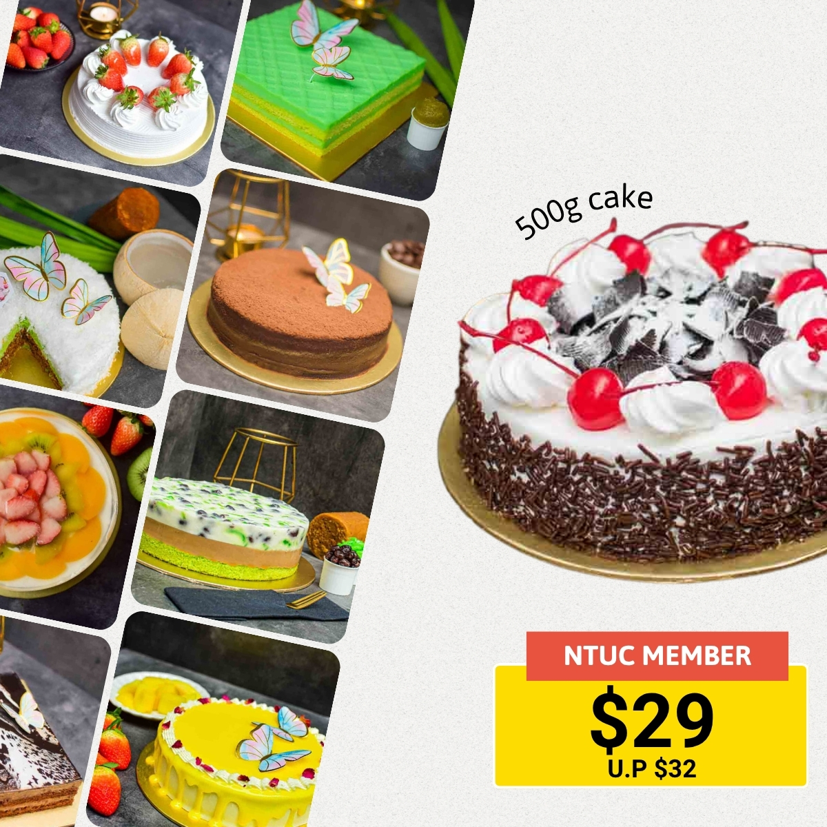 Selection of 500g cakes.