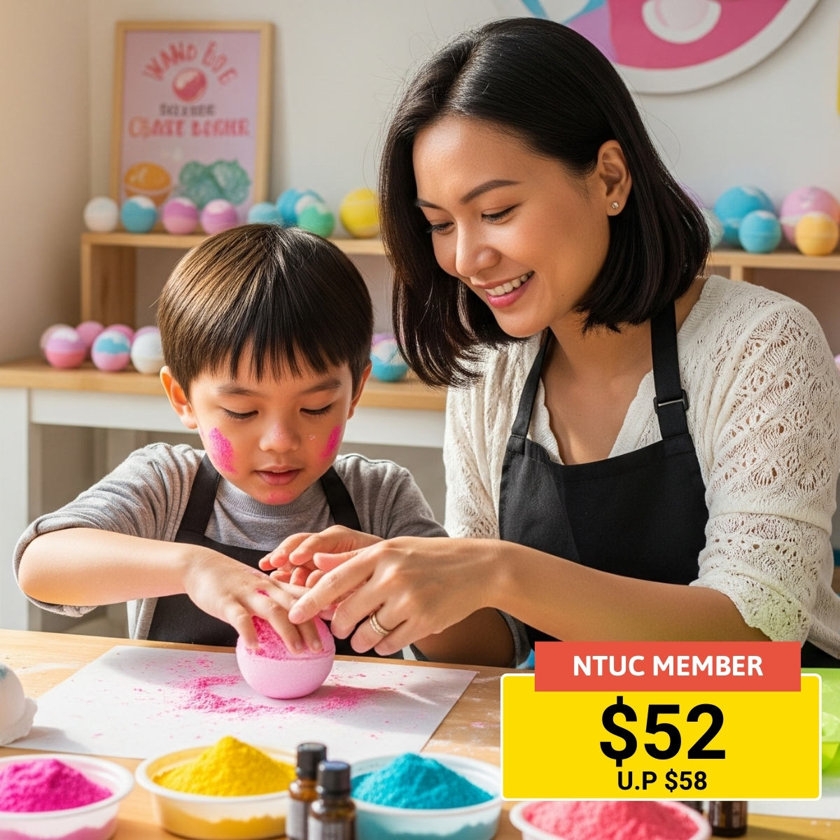 Parent-child workshop creating colorful and fragrant bath bombs.