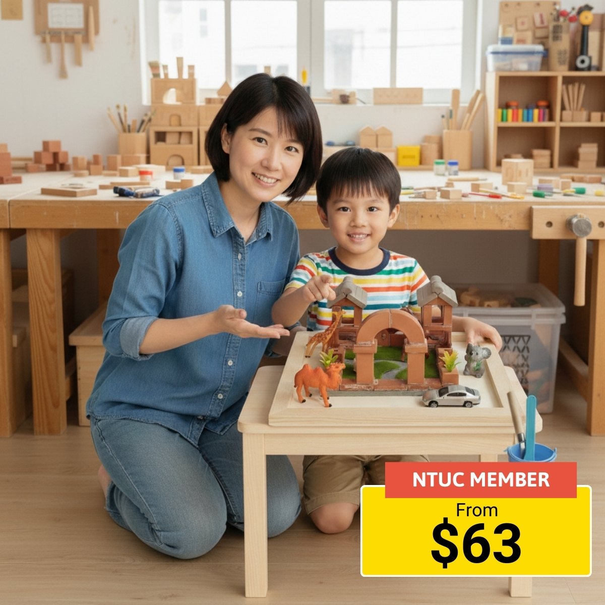 Hands-on parent-child brick house building workshop for teamwork and fun.